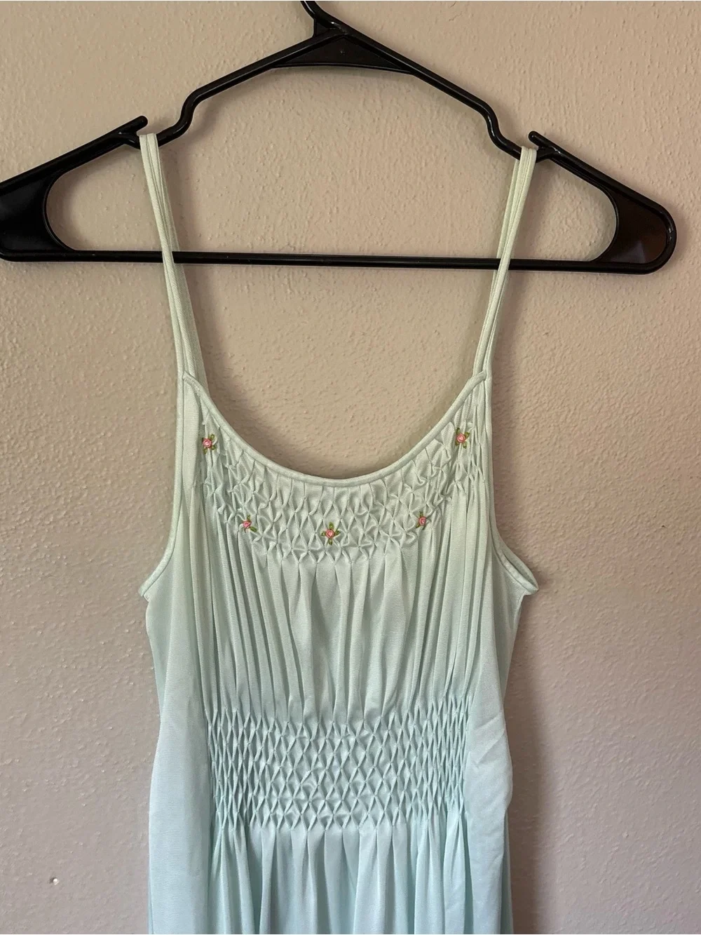 Vintage Light Blue Smocked Rosebud Maxi Nightgown Double Strap Lingerie